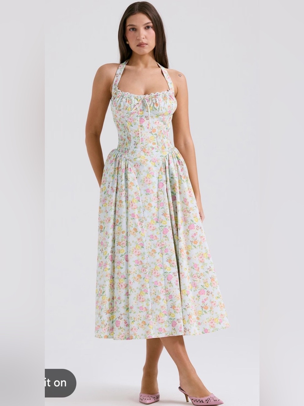 NWT $255 house of cb ADABELLA Pale Blue Meadow Print Cotton Halter Sundress XS